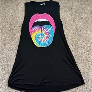 Lauren Moshi Black Tank with Pink Lips and Tie-Dye Tongue